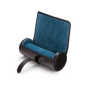 Large Leather Watch Roll - Black With Cobalt