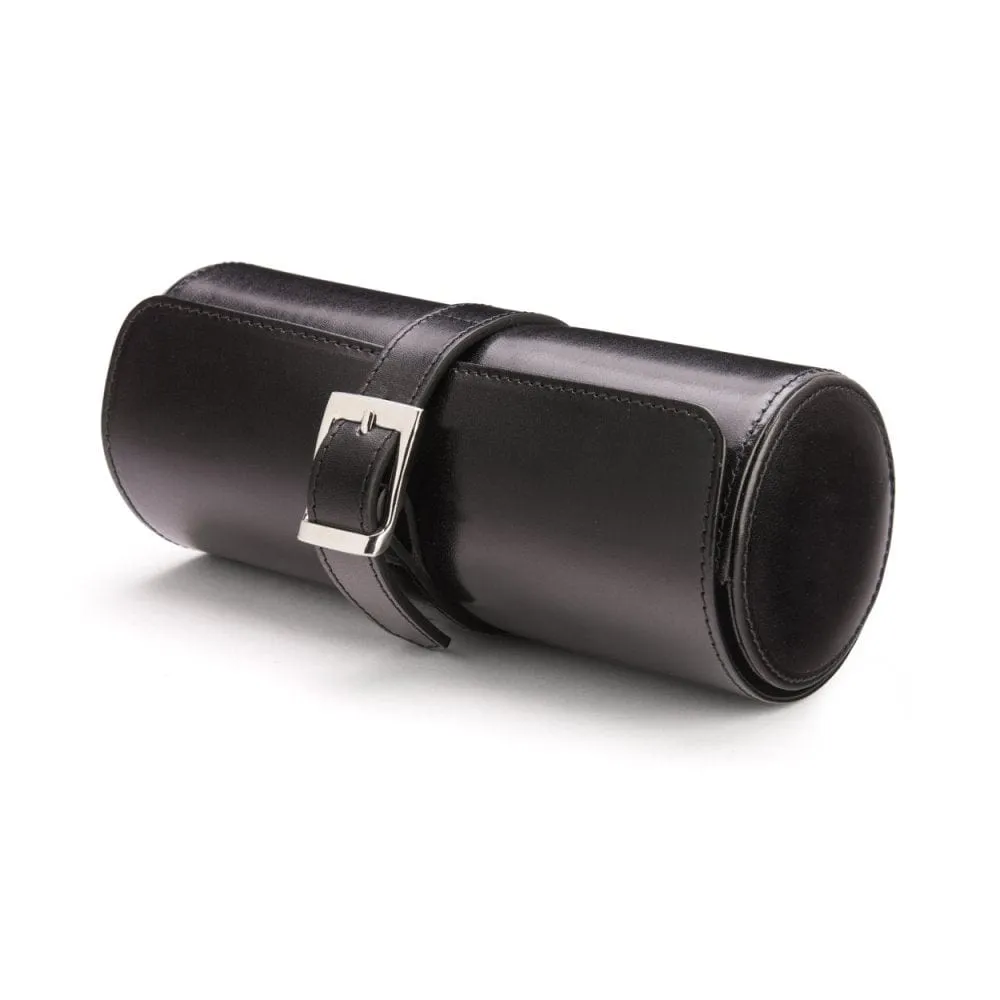 Large Leather Watch Roll - Black With Cobalt