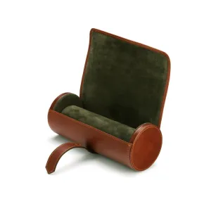 Large Leather Watch Roll - Dark Tan With Green