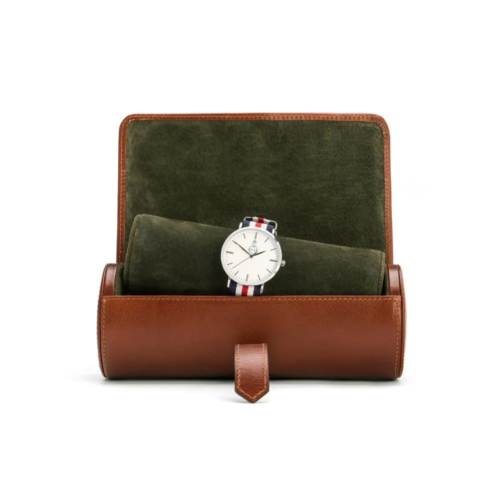 Large Leather Watch Roll - Dark Tan With Green