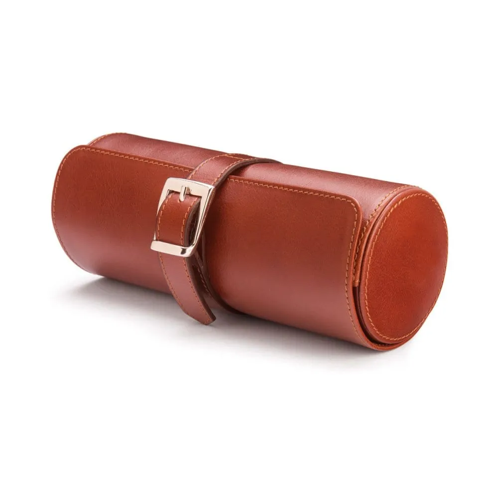 Large Leather Watch Roll - Dark Tan With Green