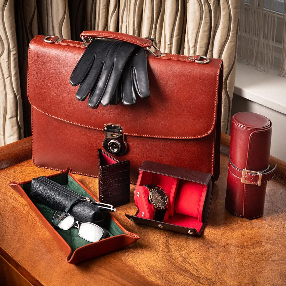 Large Leather Watch Roll - Dark Tan With Green