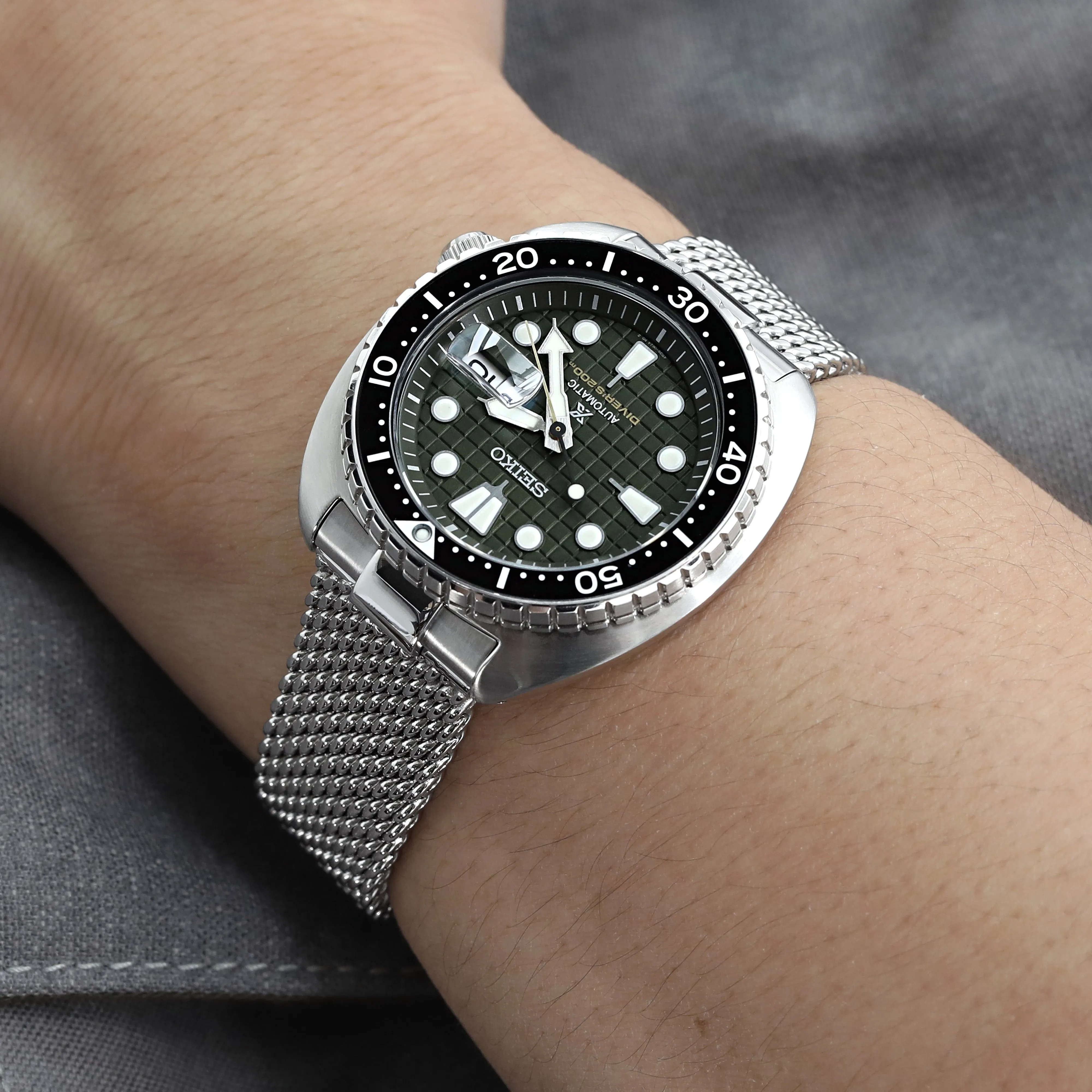 Massy Mesh Watch Band compatible with Seiko new Turtles SRP777, V-Clasp, Polished