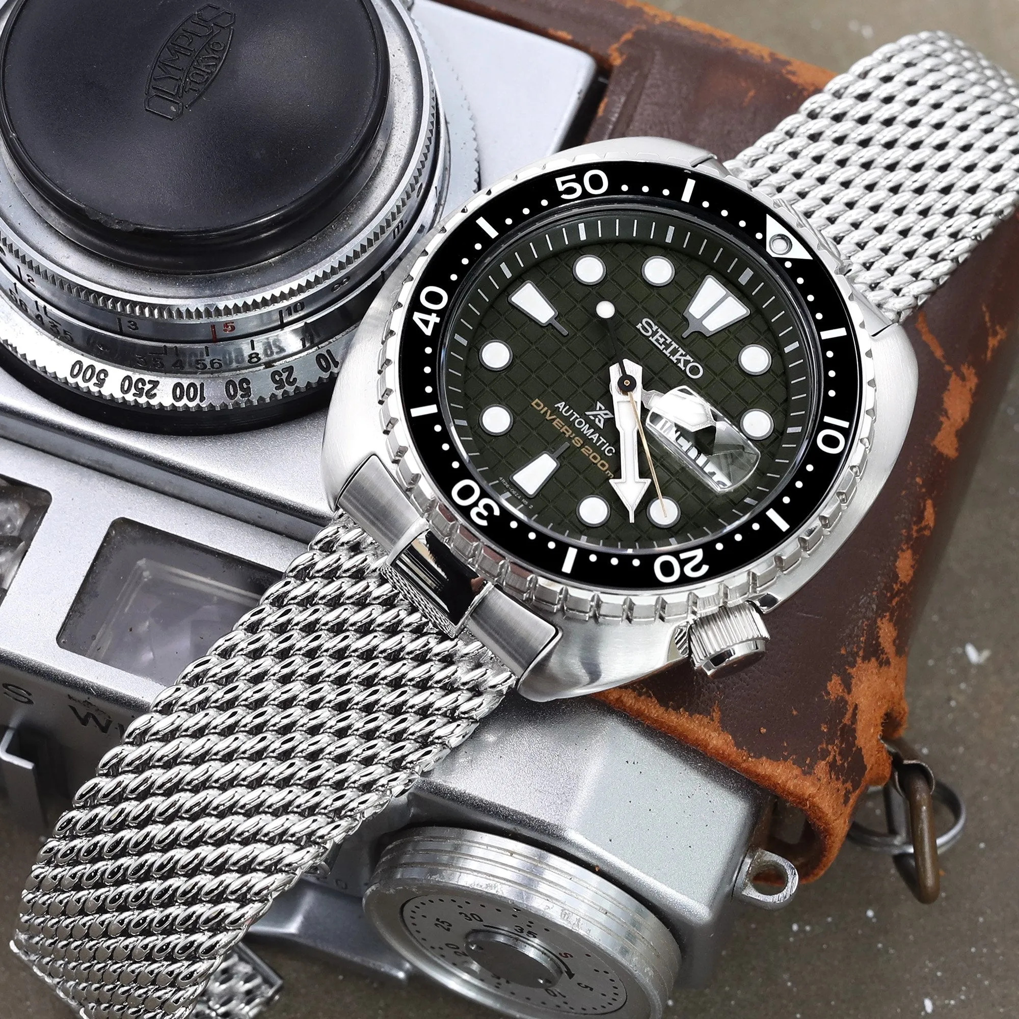 Massy Mesh Watch Band compatible with Seiko new Turtles SRP777, V-Clasp, Polished