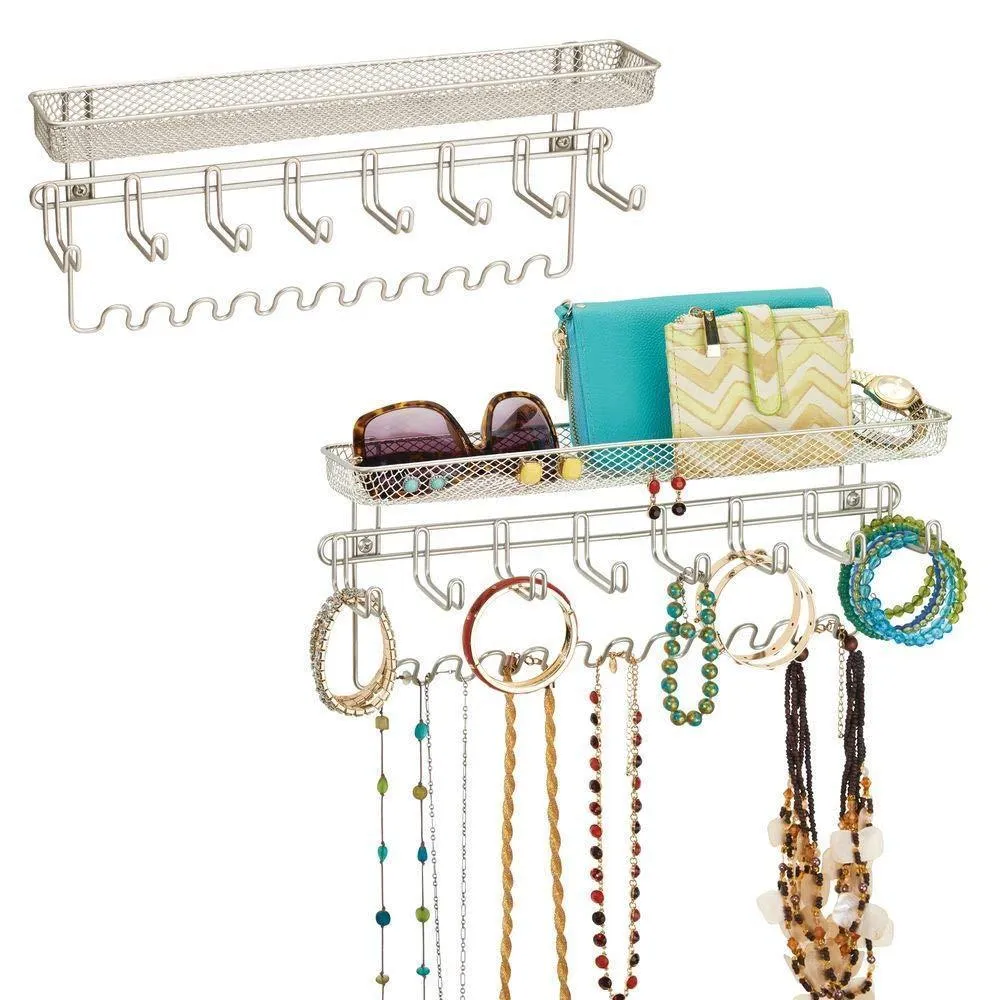 mDesign Decorative Metal Closet Wall Mount Jewelry Accessory Organizer for Storage of Necklaces, Bracelets, Rings, Earrings, Sunglasses, Wallets - 8 Large /11 Small Hooks, 1 Basket - 2 Pack - Satin