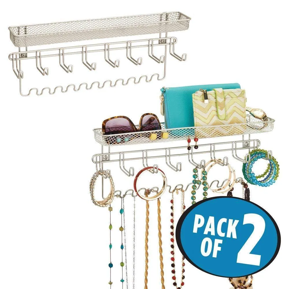 mDesign Decorative Metal Closet Wall Mount Jewelry Accessory Organizer for Storage of Necklaces, Bracelets, Rings, Earrings, Sunglasses, Wallets - 8 Large /11 Small Hooks, 1 Basket - 2 Pack - Satin