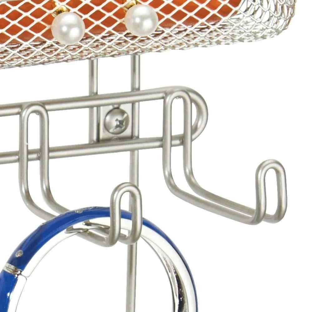 mDesign Decorative Metal Closet Wall Mount Jewelry Accessory Organizer for Storage of Necklaces, Bracelets, Rings, Earrings, Sunglasses, Wallets - 8 Large /11 Small Hooks, 1 Basket - 2 Pack - Satin