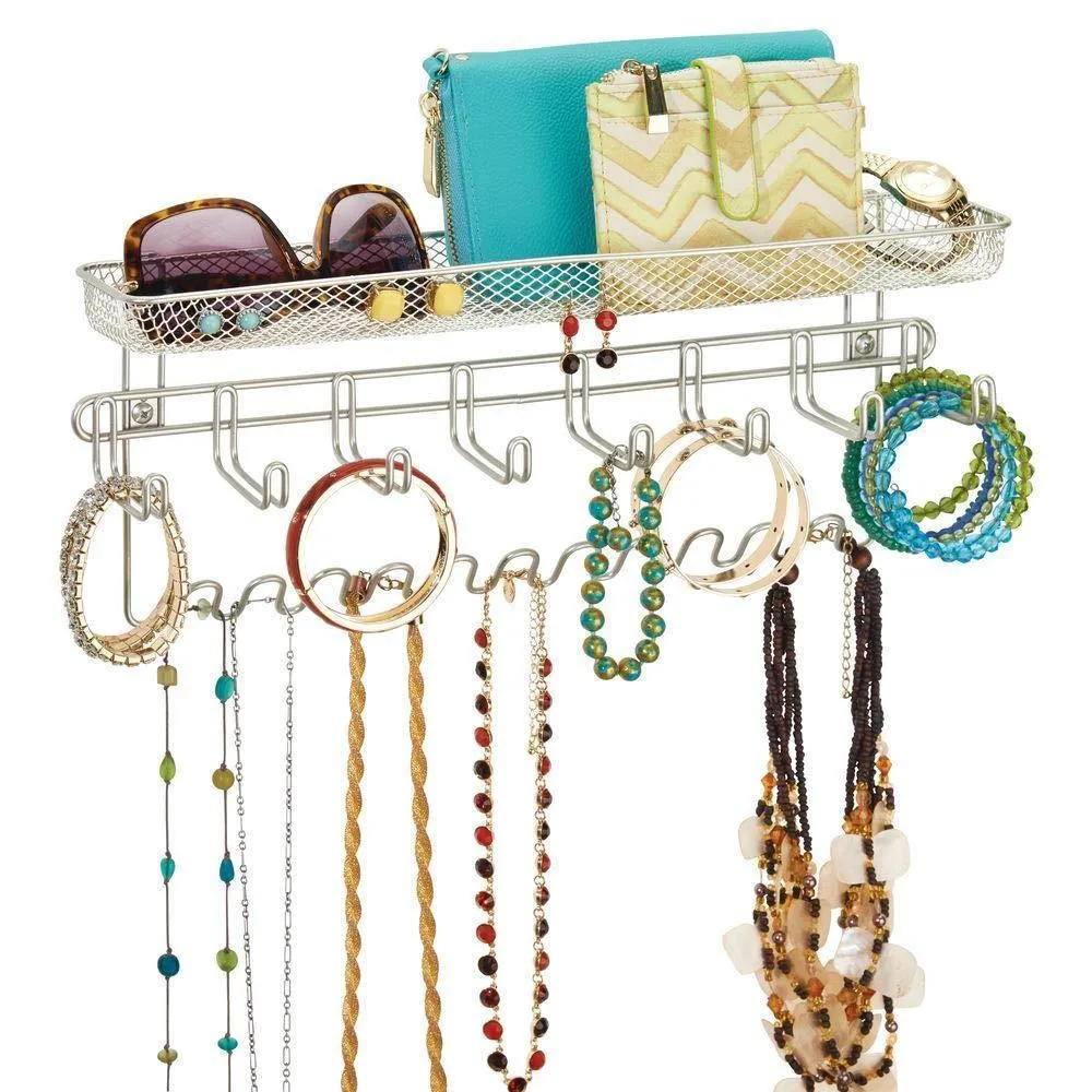 mDesign Decorative Metal Closet Wall Mount Jewelry Accessory Organizer for Storage of Necklaces, Bracelets, Rings, Earrings, Sunglasses, Wallets - 8 Large /11 Small Hooks, 1 Basket - 2 Pack - Satin