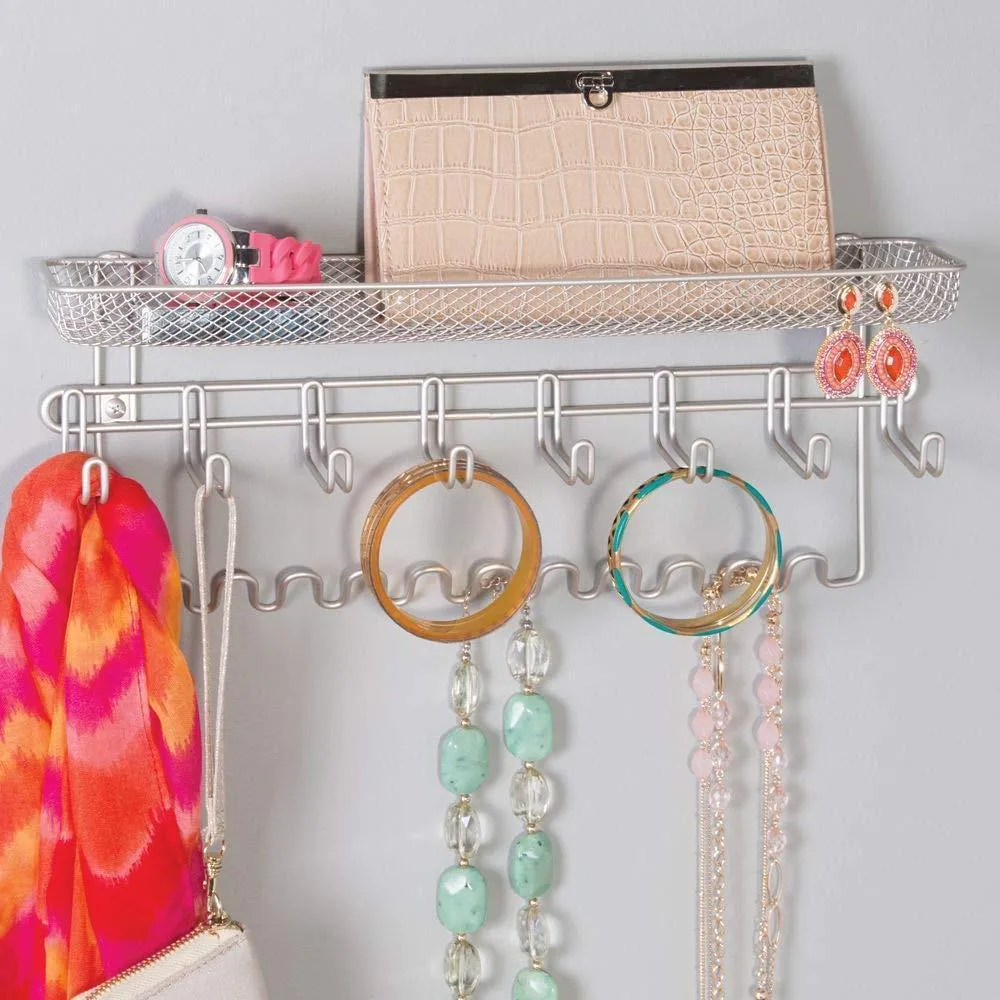 mDesign Decorative Metal Closet Wall Mount Jewelry Accessory Organizer for Storage of Necklaces, Bracelets, Rings, Earrings, Sunglasses, Wallets - 8 Large /11 Small Hooks, 1 Basket - 2 Pack - Satin