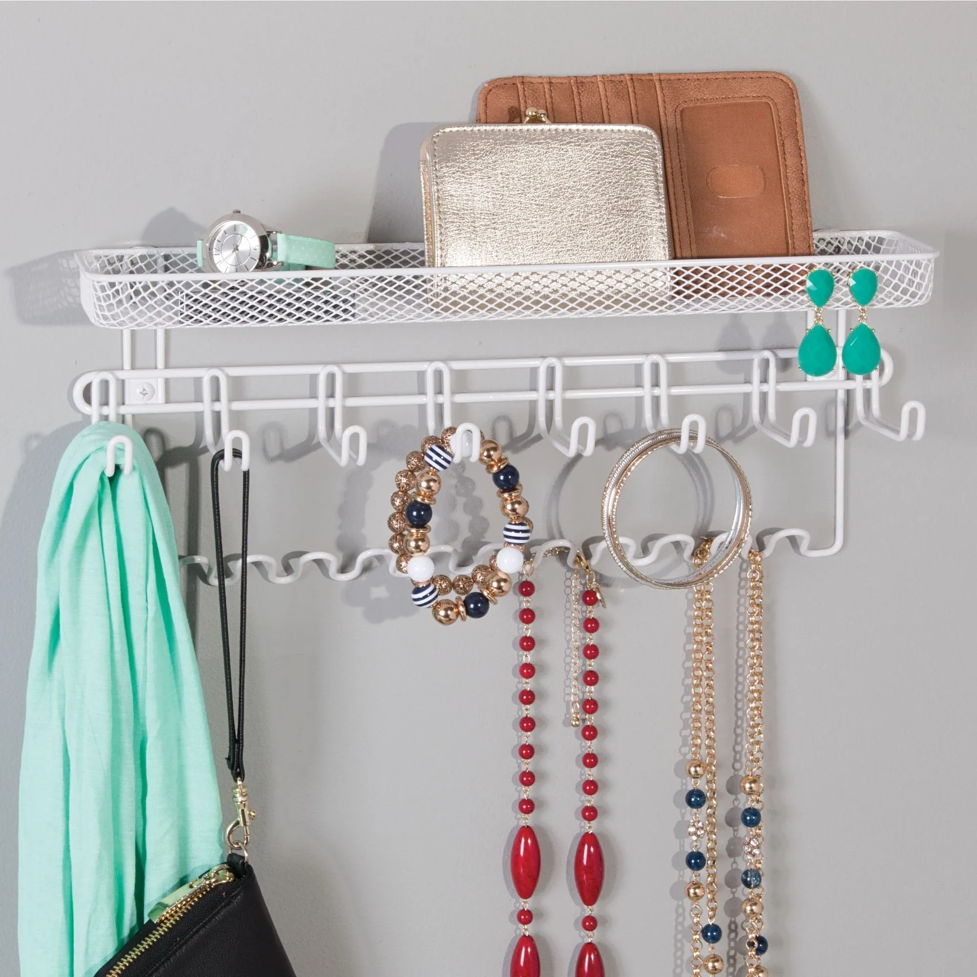 mDesign Decorative Metal Closet Wall Mount Jewelry Accessory Organizer for Storage of Necklaces, Bracelets, Rings, Earrings, Sunglasses, Wallets - 8 Large /11 Small Hooks, 1 Basket - 2 Pack - White