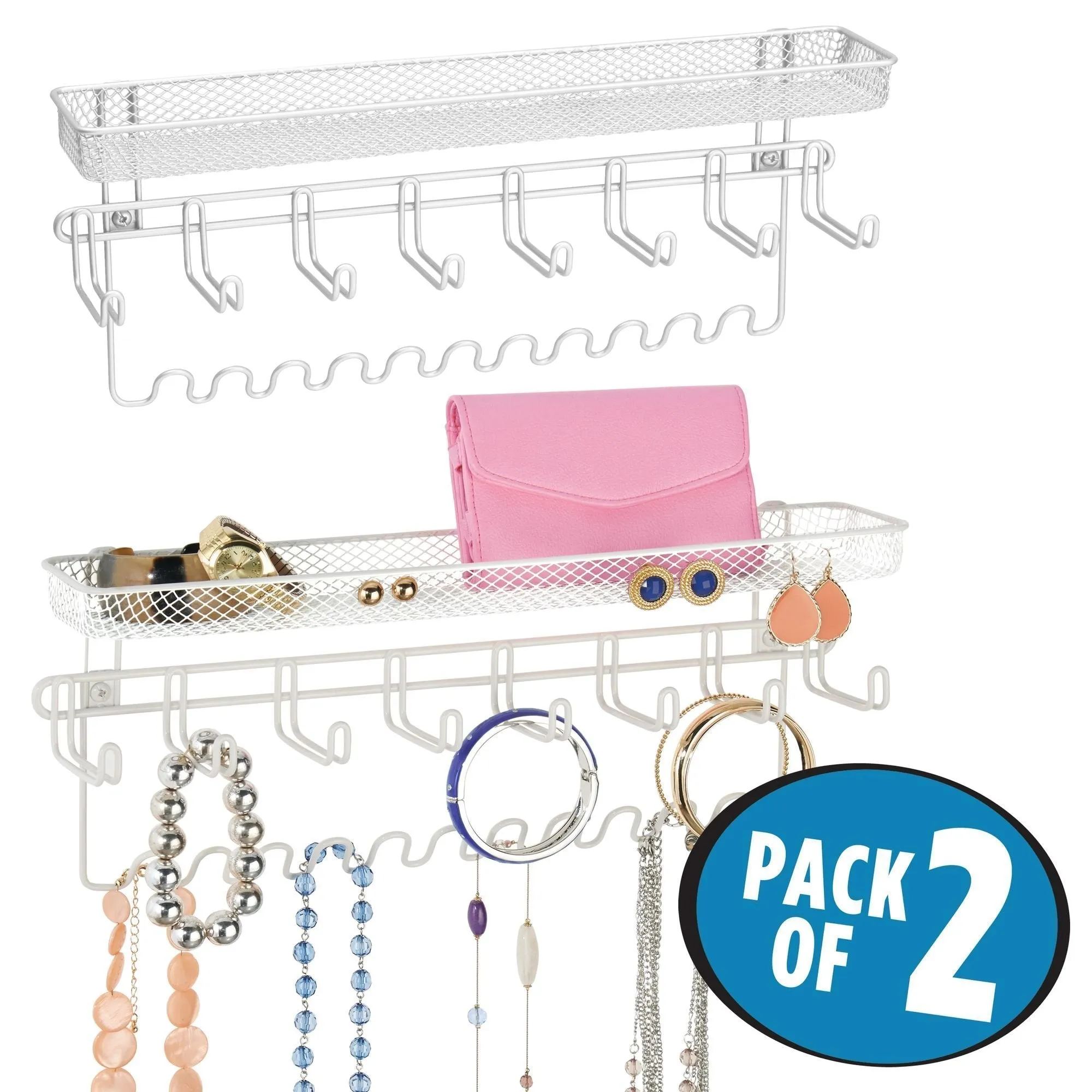 mDesign Decorative Metal Closet Wall Mount Jewelry Accessory Organizer for Storage of Necklaces, Bracelets, Rings, Earrings, Sunglasses, Wallets - 8 Large /11 Small Hooks, 1 Basket - 2 Pack - White