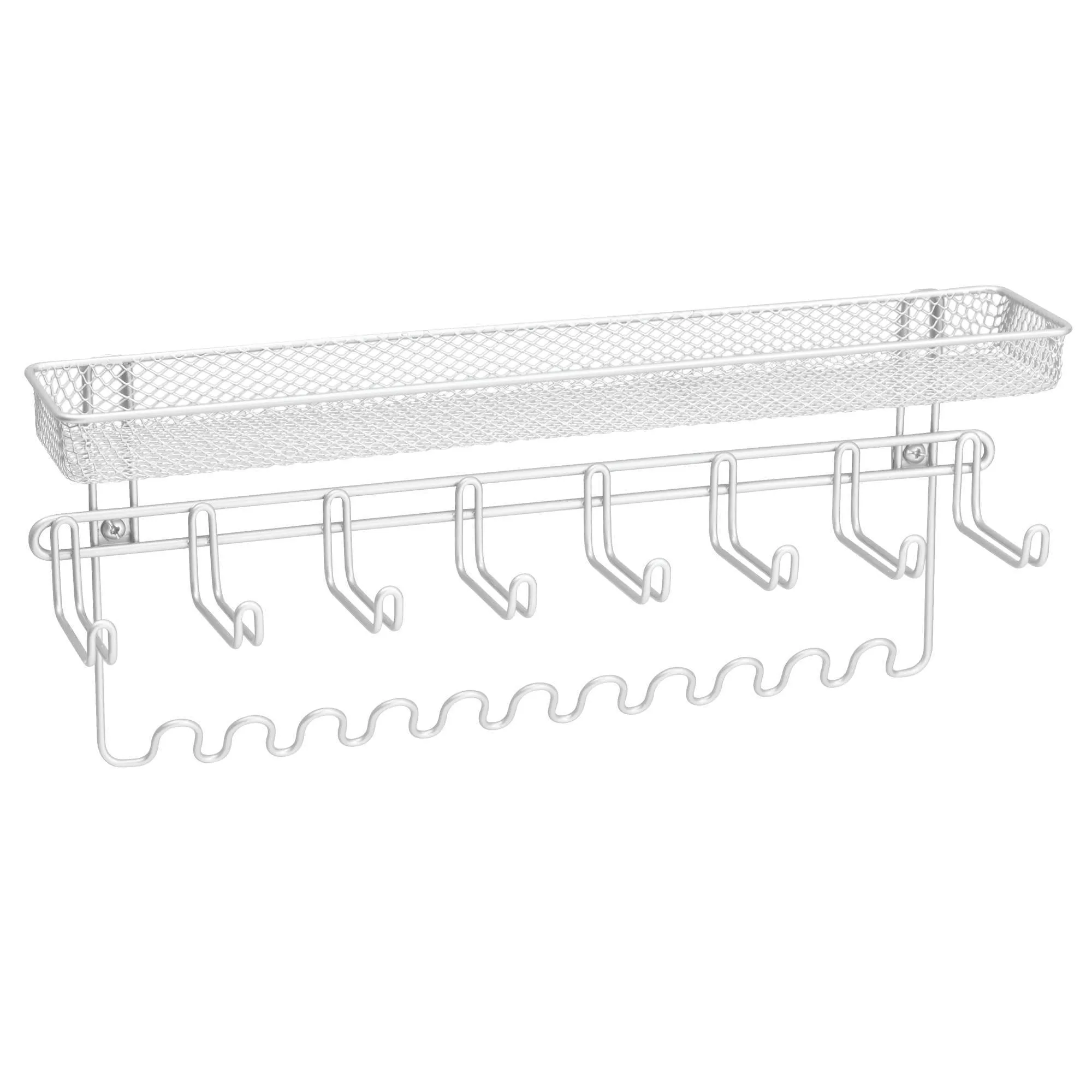 mDesign Decorative Metal Closet Wall Mount Jewelry Accessory Organizer for Storage of Necklaces, Bracelets, Rings, Earrings, Sunglasses, Wallets - 8 Large /11 Small Hooks, 1 Basket - 2 Pack - White