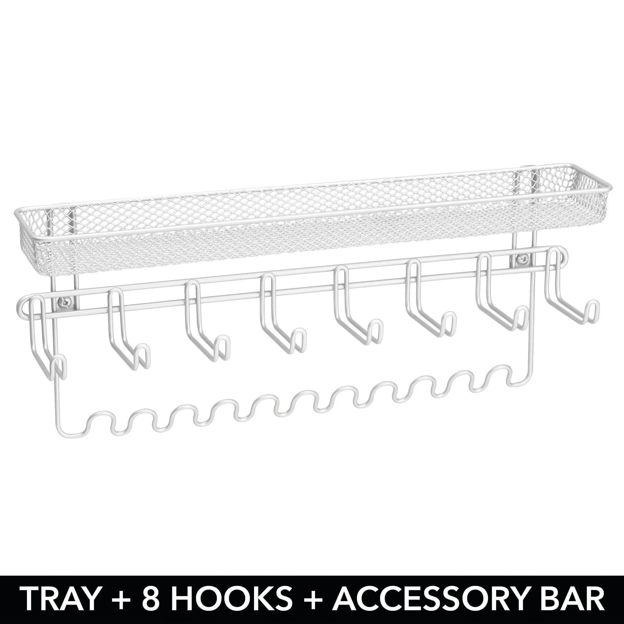 mDesign Decorative Metal Closet Wall Mount Jewelry Accessory Organizer for Storage of Necklaces, Bracelets, Rings, Earrings, Sunglasses, Wallets - 8 Large /11 Small Hooks, 1 Basket - 2 Pack - White