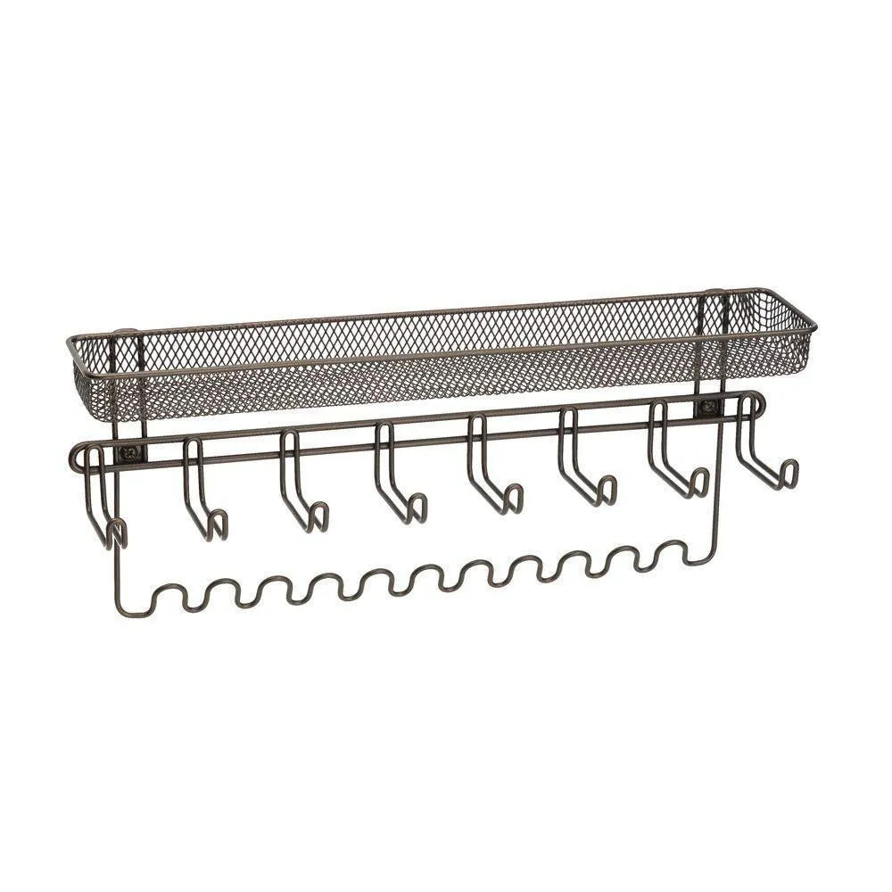 mDesign Decorative Metal Closet Wall Mount Jewelry Accessory Organizer for Storage of Necklaces, Bracelets, Rings, Earrings, Sunglasses, Wallets - 8 Large /11 Small Hooks, 1 Basket - Bronze