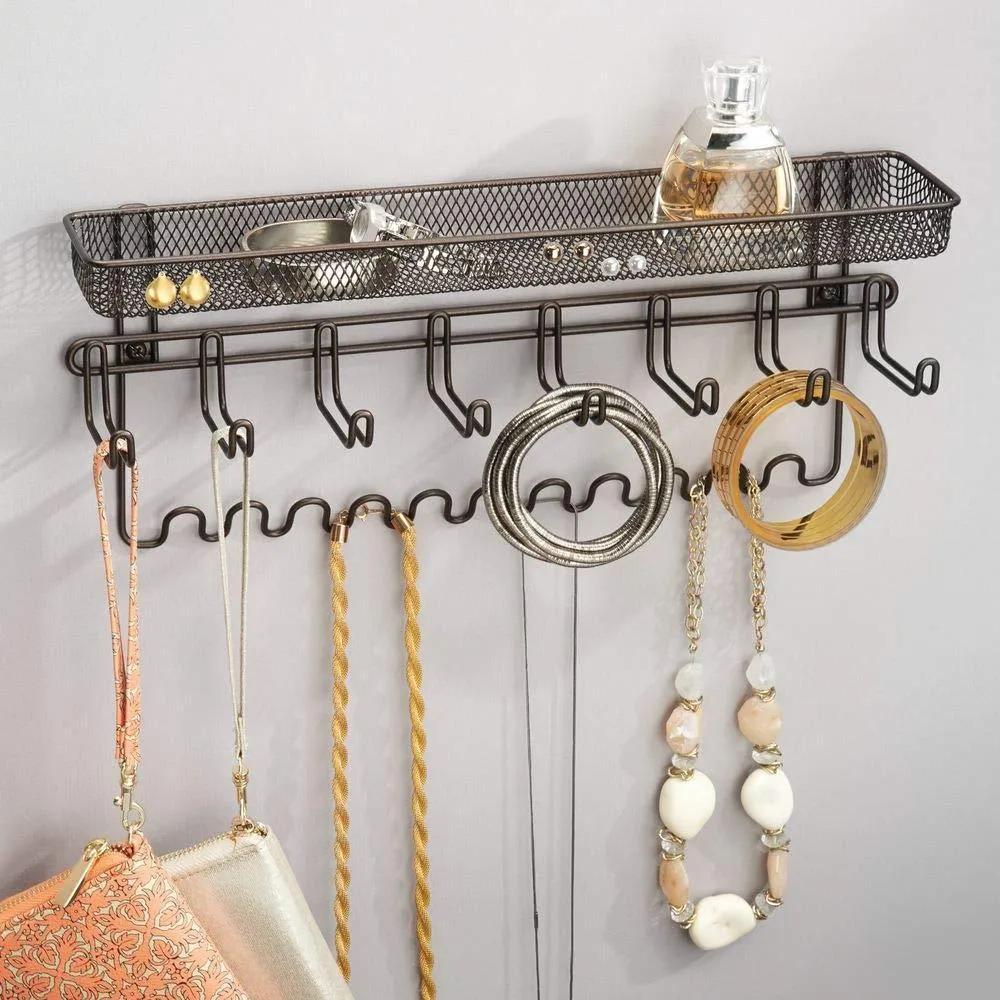 mDesign Decorative Metal Closet Wall Mount Jewelry Accessory Organizer for Storage of Necklaces, Bracelets, Rings, Earrings, Sunglasses, Wallets - 8 Large /11 Small Hooks, 1 Basket - Bronze