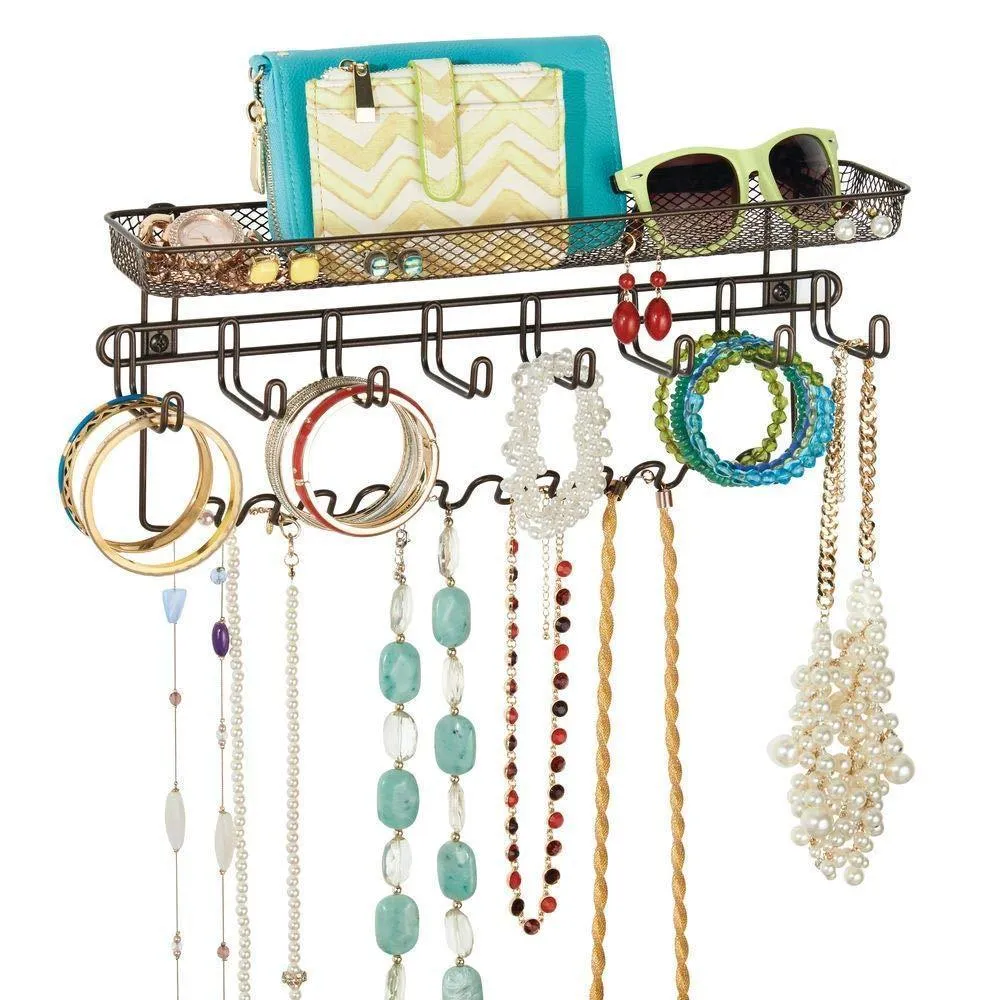 mDesign Decorative Metal Closet Wall Mount Jewelry Accessory Organizer for Storage of Necklaces, Bracelets, Rings, Earrings, Sunglasses, Wallets - 8 Large /11 Small Hooks, 1 Basket - Bronze
