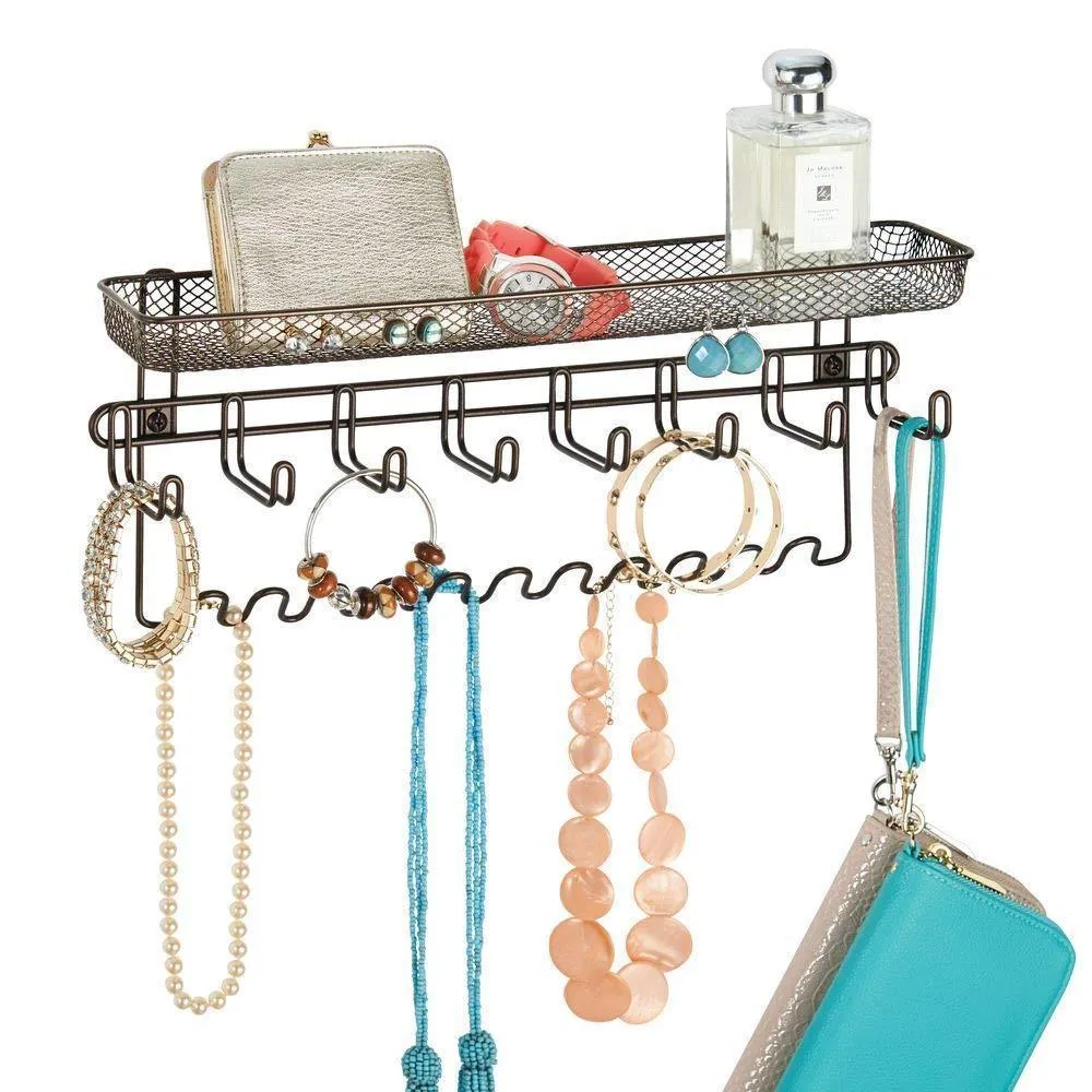 mDesign Decorative Metal Closet Wall Mount Jewelry Accessory Organizer for Storage of Necklaces, Bracelets, Rings, Earrings, Sunglasses, Wallets - 8 Large /11 Small Hooks, 1 Basket - Bronze