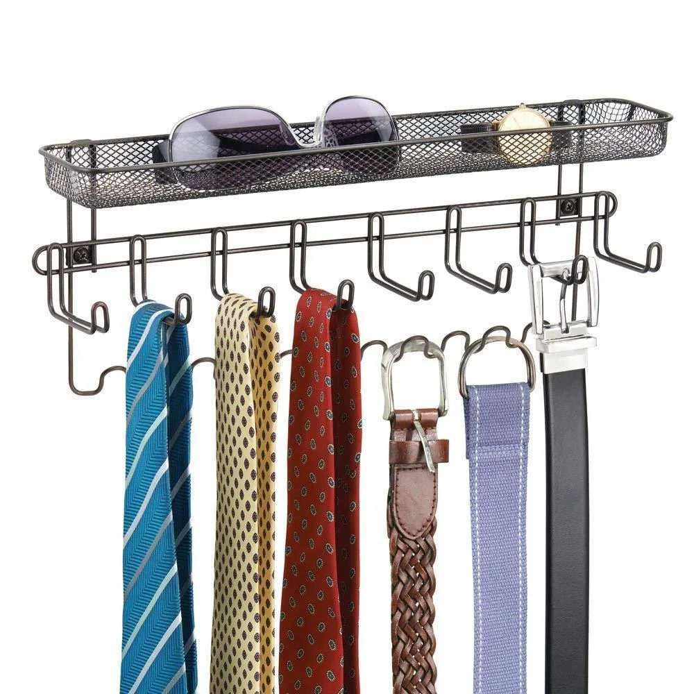 mDesign Decorative Metal Closet Wall Mount Jewelry Accessory Organizer for Storage of Necklaces, Bracelets, Rings, Earrings, Sunglasses, Wallets - 8 Large /11 Small Hooks, 1 Basket - Bronze