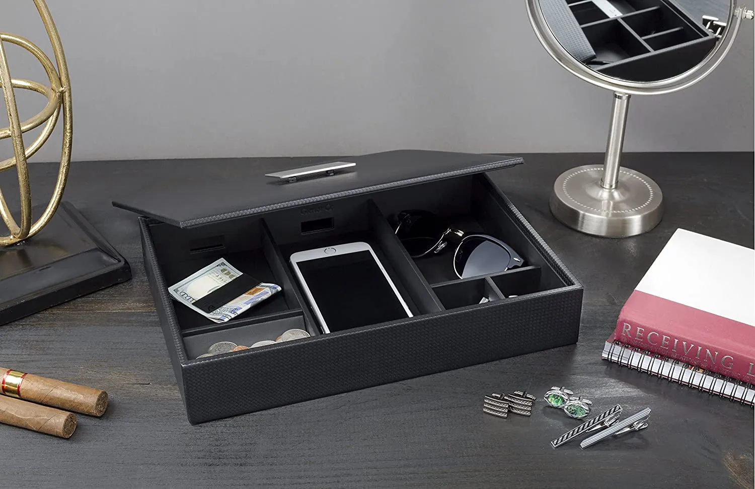 Men's Luxury Organizer Bundle - Watch Organizer Box   Valet Tray / Dresser Organizer