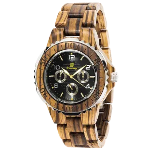 Mens Six Hands Multifunction Display Zebra Wood Watch Zebra Wood