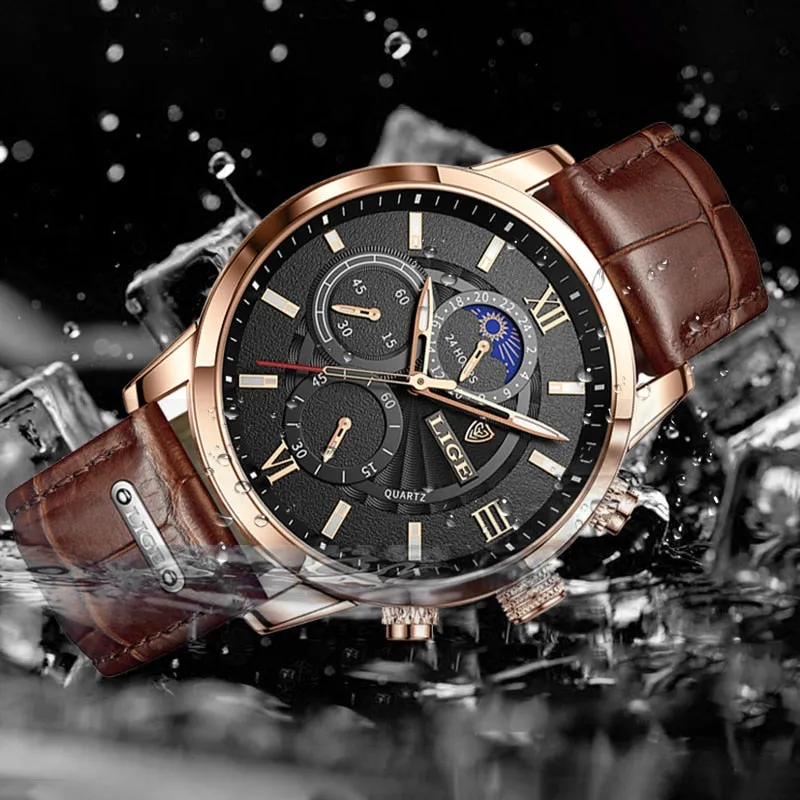 Mens Watches LIGE Top Brand Luxury Leather Casual Quartz Watch
