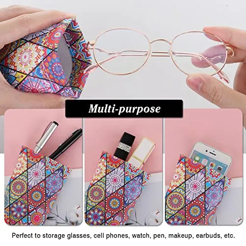MoKo Squeeze Top Glasses Pouch (2 Pack), Portable Leather Soft Sunglasses Case Anti-Scratch Eyeglasses Bag Goggles Sleeve with Cleaning Cloth for Women Men, Black & Rhombic Datura