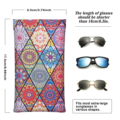 MoKo Squeeze Top Glasses Pouch (2 Pack), Portable Leather Soft Sunglasses Case Anti-Scratch Eyeglasses Bag Goggles Sleeve with Cleaning Cloth for Women Men, Black & Rhombic Datura