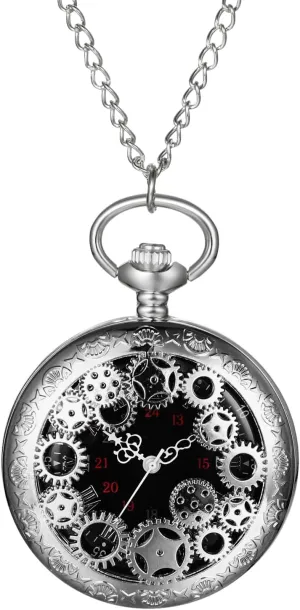 OIDEA Mens Womens Pocket Watch: Hollow Embossed Gear Decoration Analog Quartz Pocket Watches with Chain Graduation Christmas Birthday Gifts