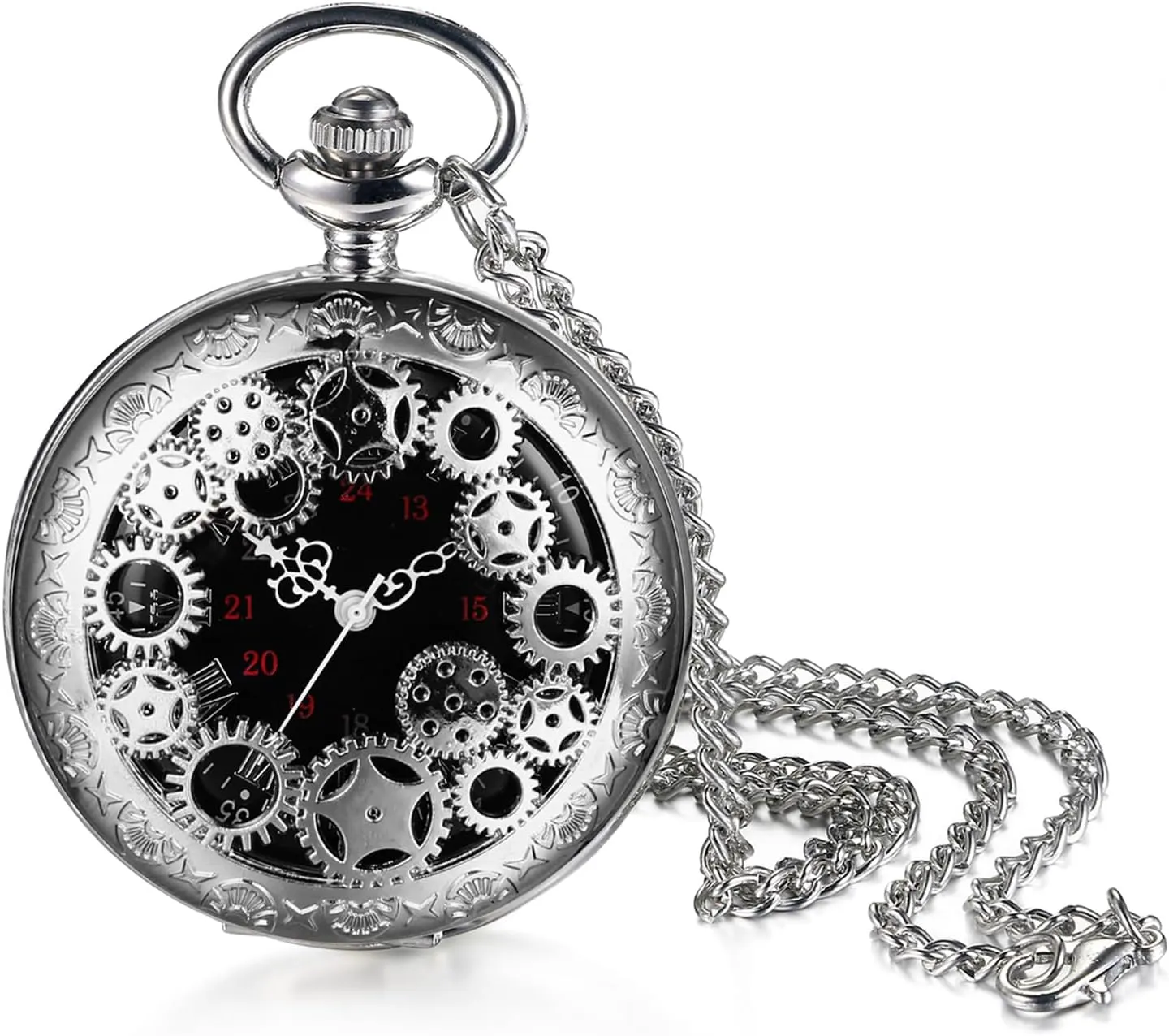 OIDEA Mens Womens Pocket Watch: Hollow Embossed Gear Decoration Analog Quartz Pocket Watches with Chain Graduation Christmas Birthday Gifts