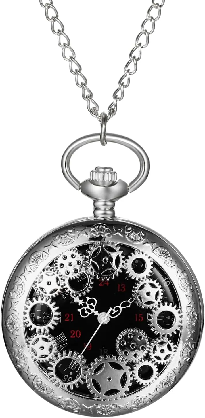 OIDEA Mens Womens Pocket Watch: Hollow Embossed Gear Decoration Analog Quartz Pocket Watches with Chain Graduation Christmas Birthday Gifts