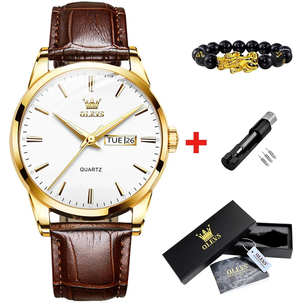 OLVES Top Brand Men's Watches Original Simple Blue Face Quartz Wristwatch for Man Waterproof Leather Strap Business Watch Casual