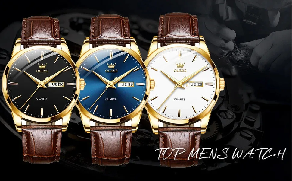 OLVES Top Brand Men's Watches Original Simple Blue Face Quartz Wristwatch for Man Waterproof Leather Strap Business Watch Casual