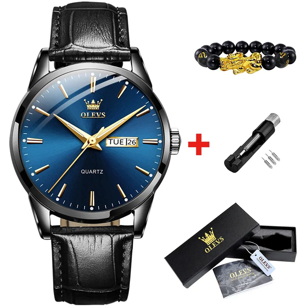 OLVES Top Brand Men's Watches Original Simple Blue Face Quartz Wristwatch for Man Waterproof Leather Strap Business Watch Casual