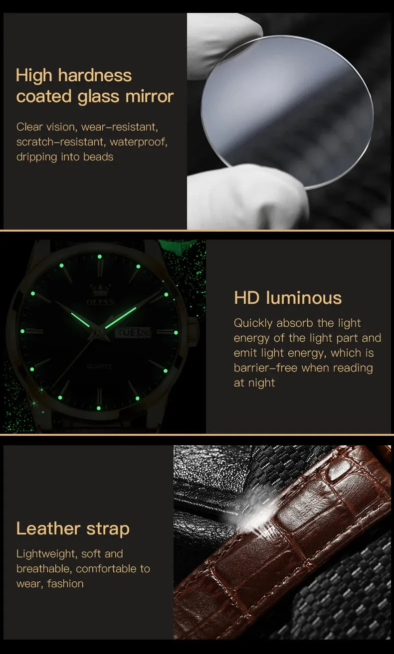 OLVES Top Brand Men's Watches Original Simple Blue Face Quartz Wristwatch for Man Waterproof Leather Strap Business Watch Casual