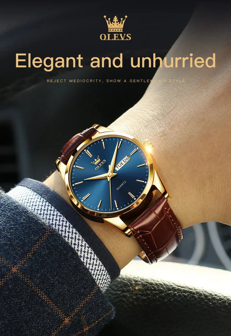 OLVES Top Brand Men's Watches Original Simple Blue Face Quartz Wristwatch for Man Waterproof Leather Strap Business Watch Casual