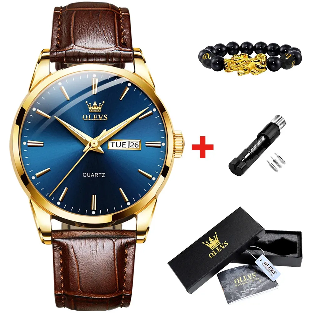 OLVES Top Brand Men's Watches Original Simple Blue Face Quartz Wristwatch for Man Waterproof Leather Strap Business Watch Casual