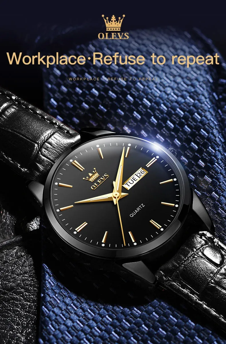OLVES Top Brand Men's Watches Original Simple Blue Face Quartz Wristwatch for Man Waterproof Leather Strap Business Watch Casual