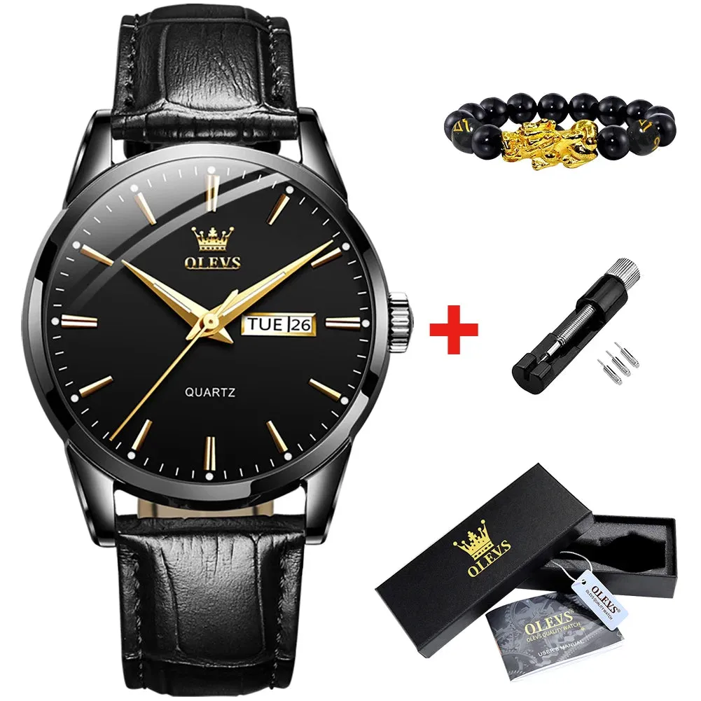 OLVES Top Brand Men's Watches Original Simple Blue Face Quartz Wristwatch for Man Waterproof Leather Strap Business Watch Casual