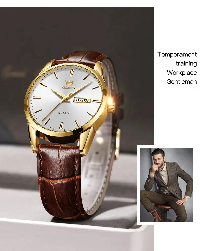 OLVES Top Brand Men's Watches Original Simple Blue Face Quartz Wristwatch for Man Waterproof Leather Strap Business Watch Casual