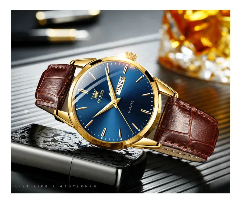 OLVES Top Brand Men's Watches Original Simple Blue Face Quartz Wristwatch for Man Waterproof Leather Strap Business Watch Casual