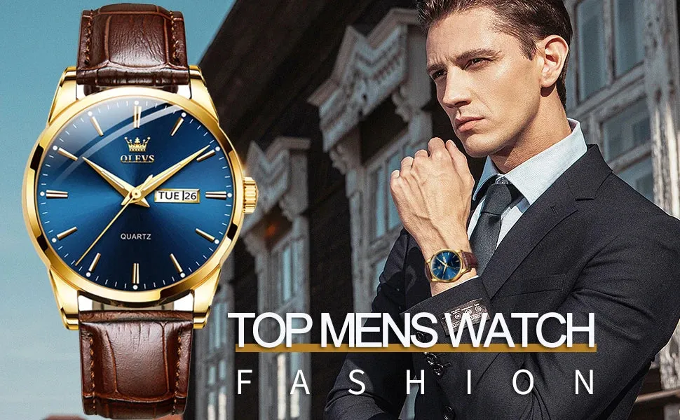 OLVES Top Brand Men's Watches Original Simple Blue Face Quartz Wristwatch for Man Waterproof Leather Strap Business Watch Casual