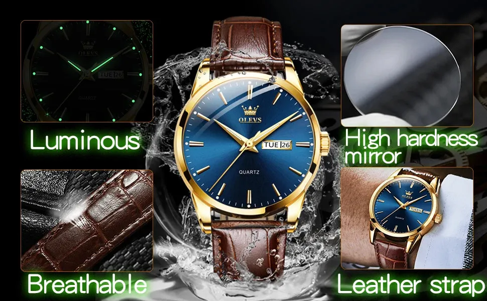 OLVES Top Brand Men's Watches Original Simple Blue Face Quartz Wristwatch for Man Waterproof Leather Strap Business Watch Casual