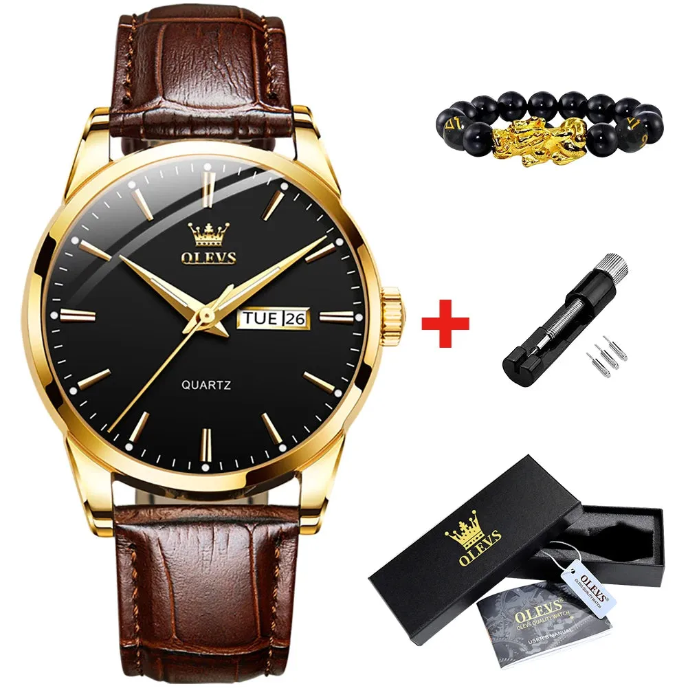 OLVES Top Brand Men's Watches Original Simple Blue Face Quartz Wristwatch for Man Waterproof Leather Strap Business Watch Casual