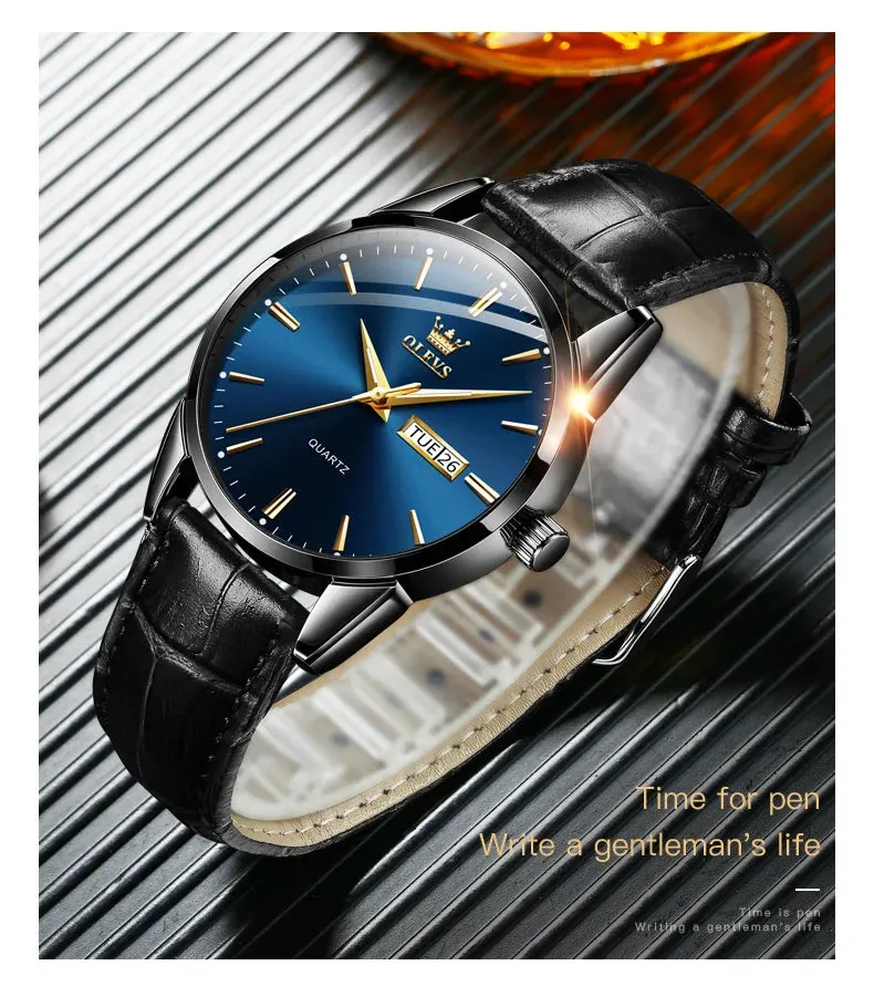 OLVES Top Brand Men's Watches Original Simple Blue Face Quartz Wristwatch for Man Waterproof Leather Strap Business Watch Casual