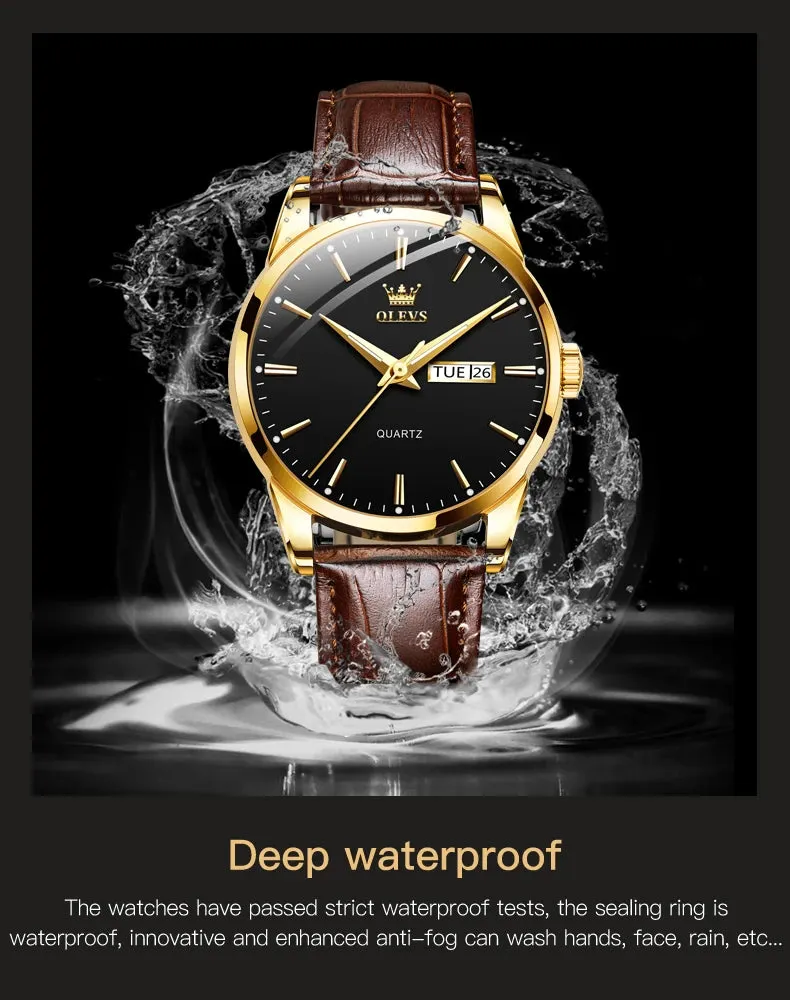 OLVES Top Brand Men's Watches Original Simple Blue Face Quartz Wristwatch for Man Waterproof Leather Strap Business Watch Casual