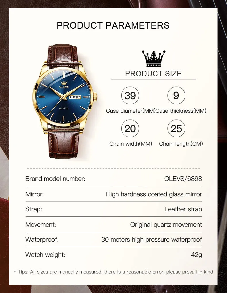 OLVES Top Brand Men's Watches Original Simple Blue Face Quartz Wristwatch for Man Waterproof Leather Strap Business Watch Casual
