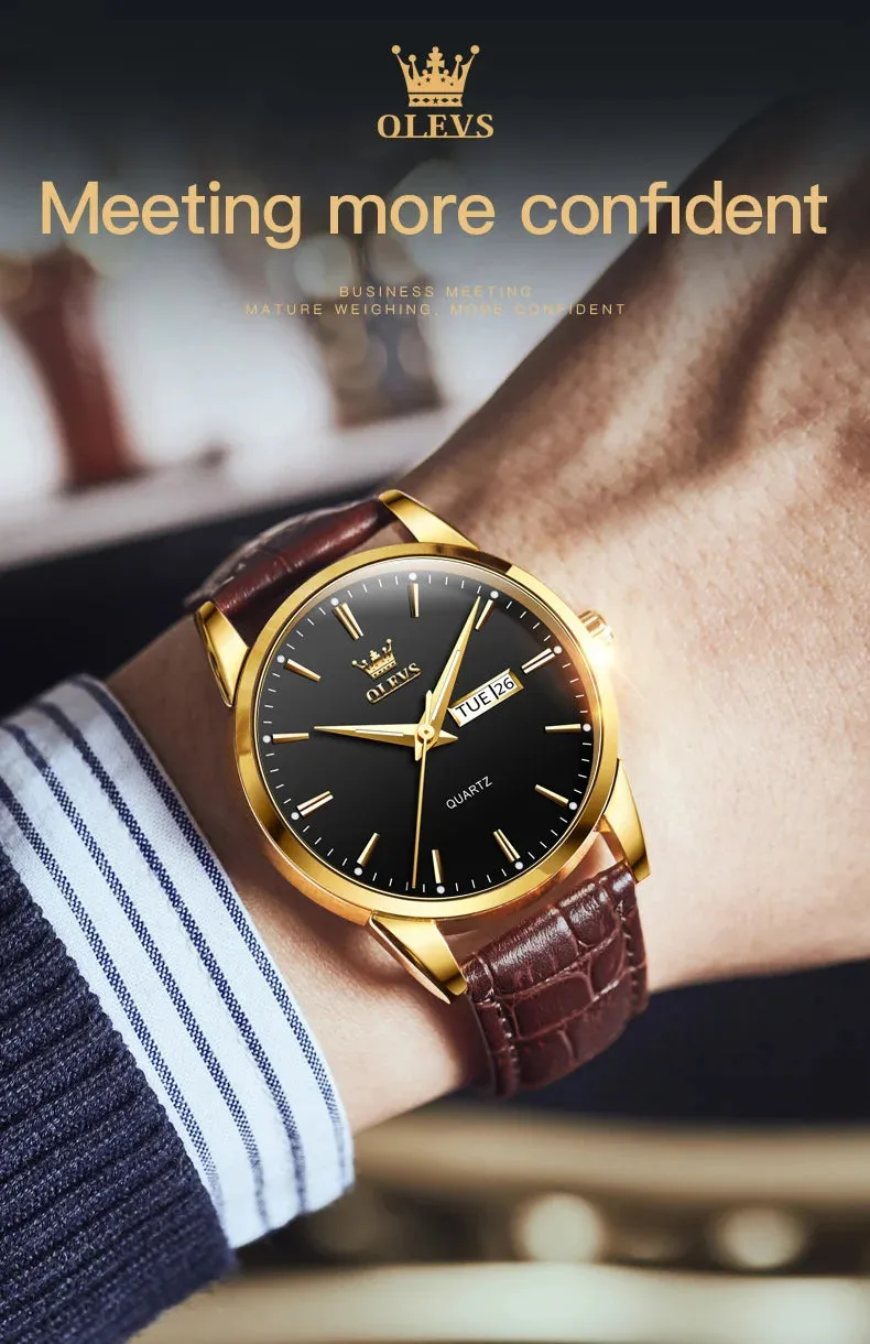 OLVES Top Brand Men's Watches Original Simple Blue Face Quartz Wristwatch for Man Waterproof Leather Strap Business Watch Casual