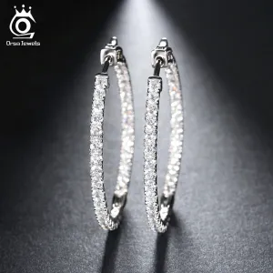 ORSA JEWELS 2017 Silver Color High Polished Hoop Earrings Paved with AAA Austrian Cubic Zirconia for Wedding Party Jewelry OE137