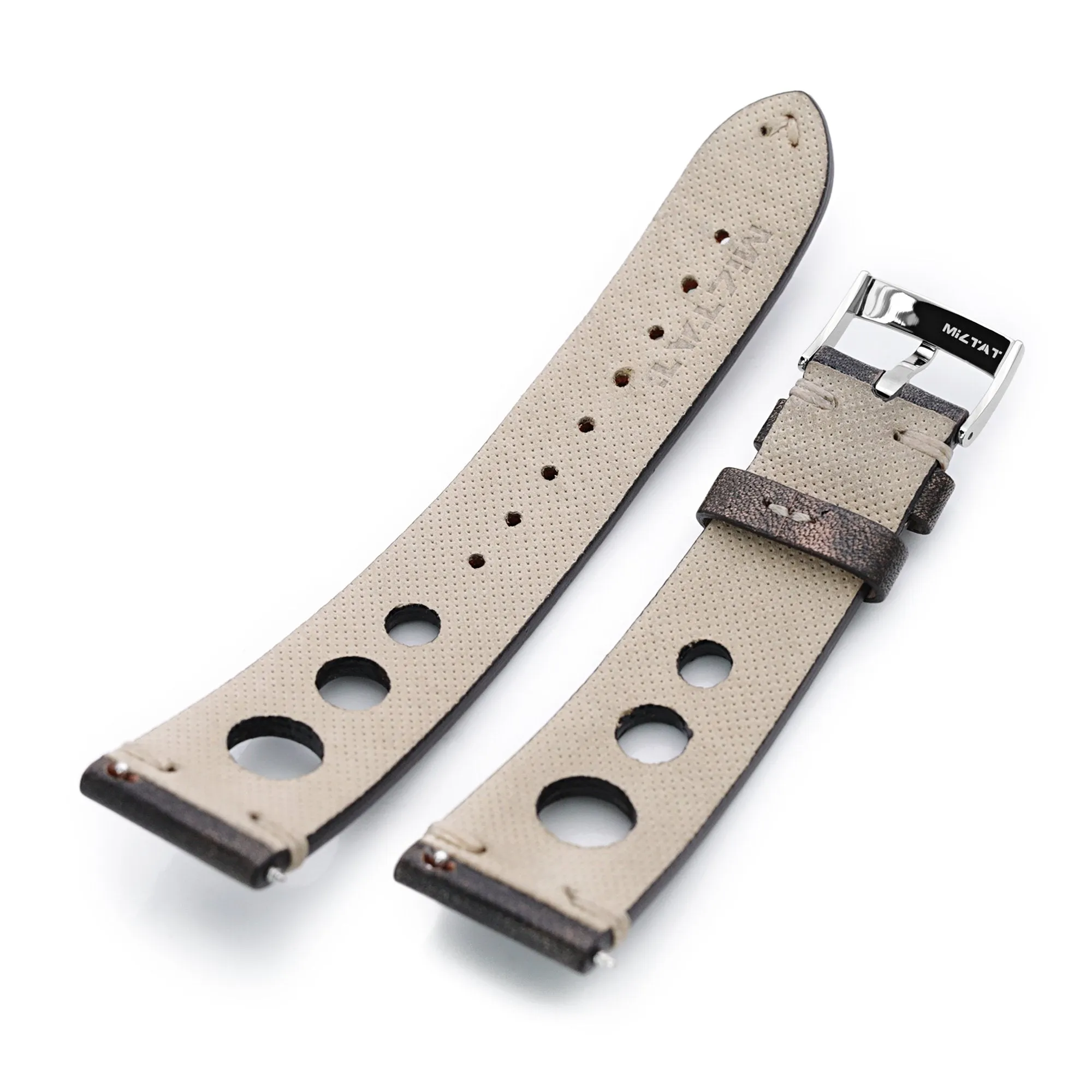 Q.R. 22mm Blackish Brown Leather Italian Handmade Racer Watch Band, Beige St.