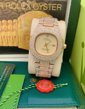 RLX Diamond Set - Stainless Steel golden colour with yellow creamy dialer and date Watch For Men's And Women's -Best For Stylist Look- Rlx-1123